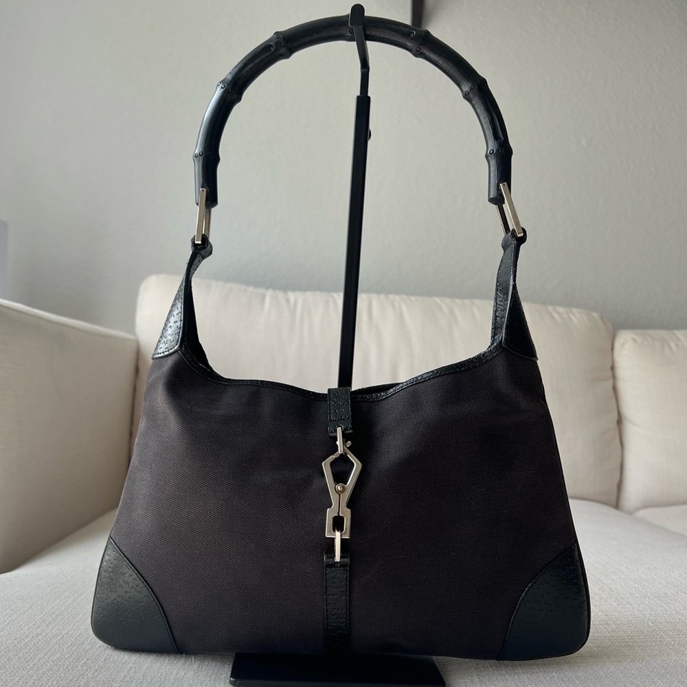 VINTAGE GUCCI JACKIE BAMBOO, BLACK CANVAS LEATHER